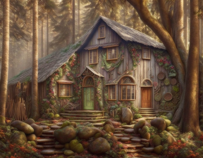 Enchanting cottage in mystical forest with vines and flowers.