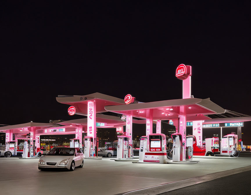 Modern gas station at night with bright lights, fuel pumps, and parked car