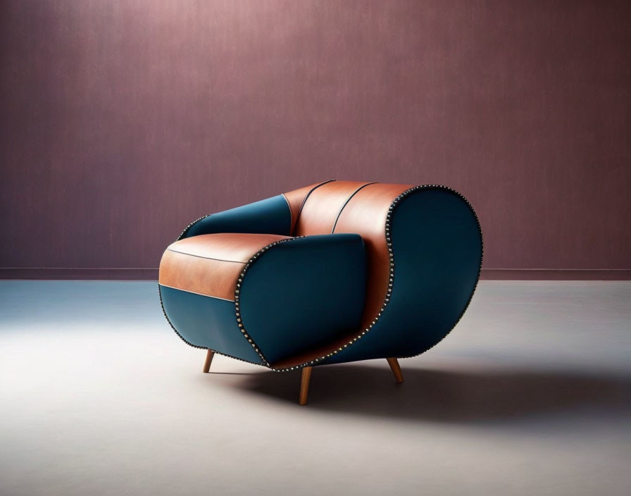 Curved Tan and Teal Leather Chair with Visible Stitching