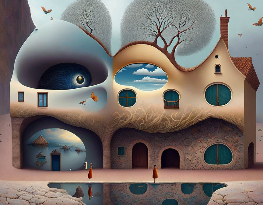 Whimsical house with organic shapes, faces, trees, and serene landscape reflections