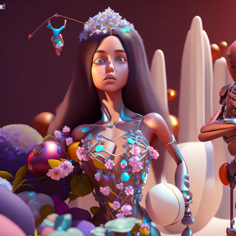 Colorful 3D-rendered female humanoid with floral headdress & whimsical creatures