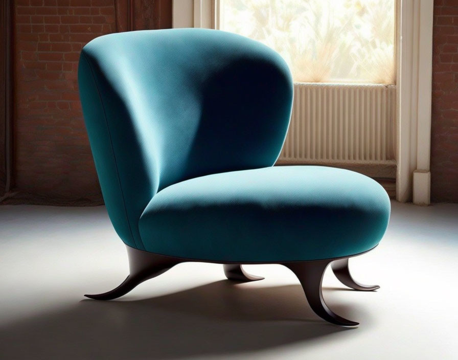 Blue Curved Armchair in Modern Room with Brick Walls and Large Window