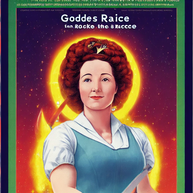 Stylized vintage poster featuring woman with red hairdo and crown in maid's outfit against cosmic backdrop