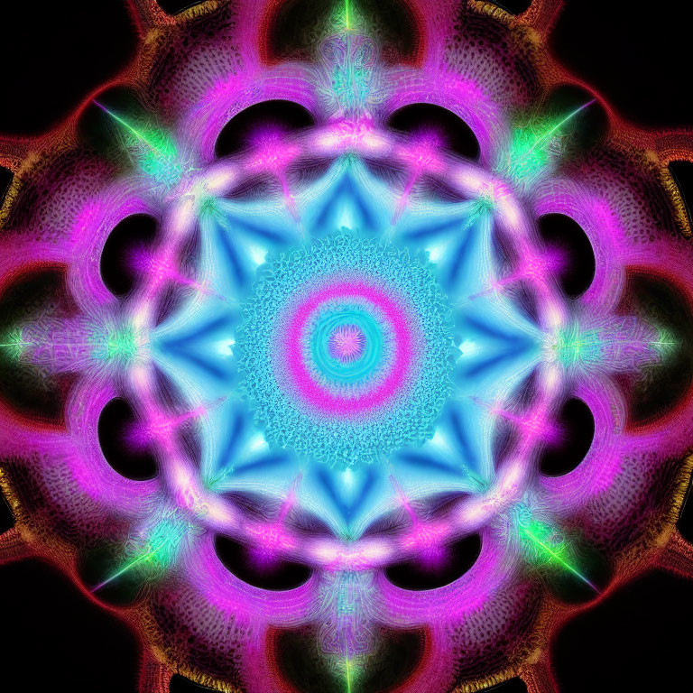 Symmetrical blue star fractal with green and pink designs