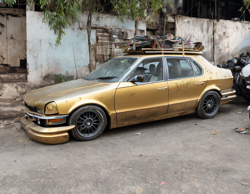Vintage gold sedan with aftermarket wheels and loaded roof rack parked by worn wall.