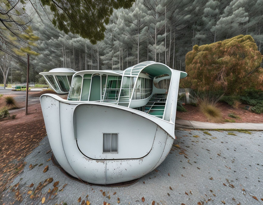 Futuristic ship-like building with round windows in forest setting
