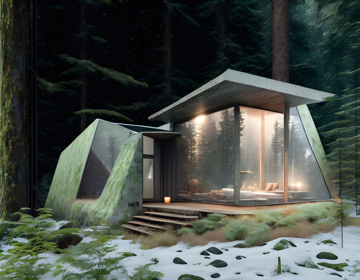 a cozy brutalist cabin deep in the forest