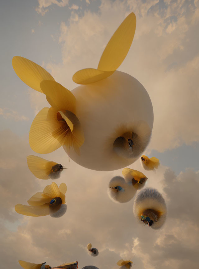 Surreal floating apple-like shape with flower petals wings in cloudy sky