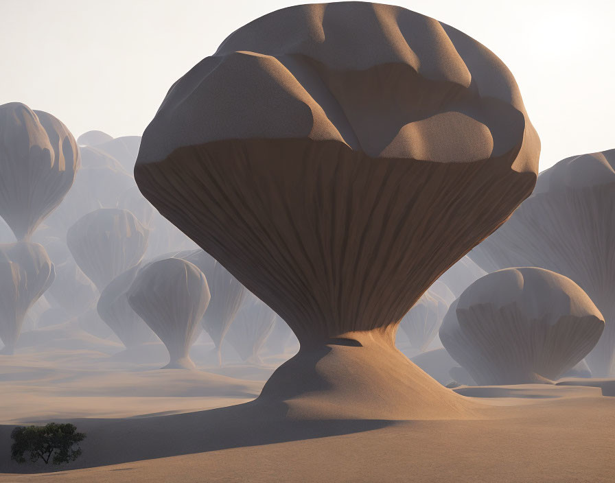 Surreal sandstone rock formations with mushroom and balloon shapes under a hazy sky
