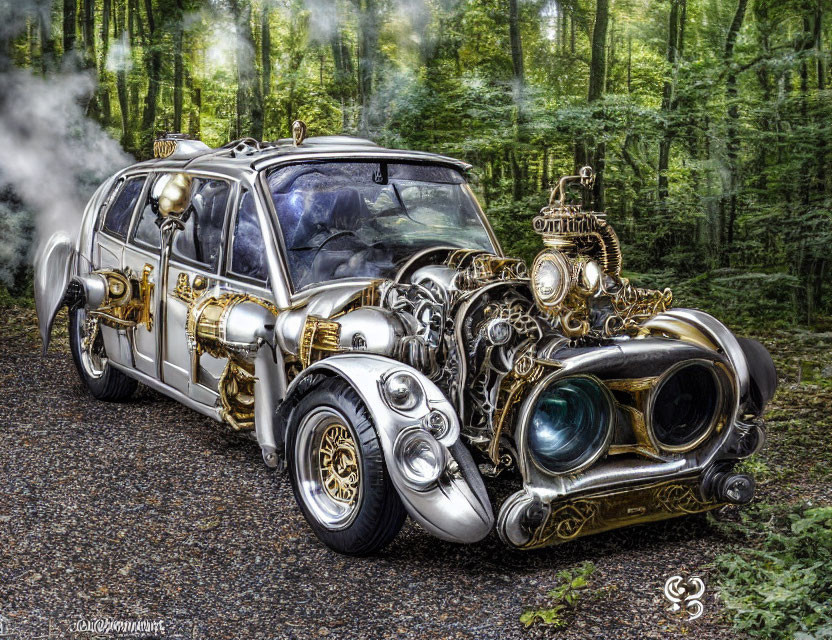 Steampunk-themed car with brass and copper details on forest road