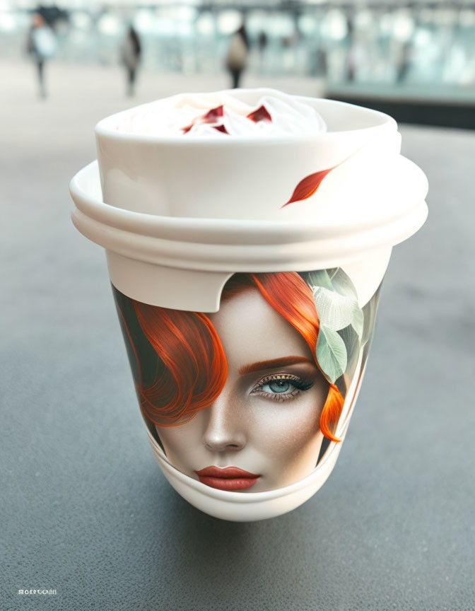 Surreal coffee cup design with woman's face and vibrant red hair