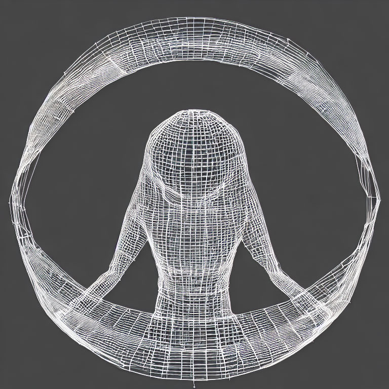 Monochromatic wireframe human figure sitting in circular frame
