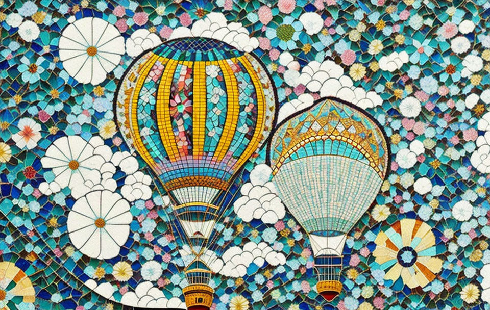 Vibrant mosaic art featuring hot air balloons and floral patterns