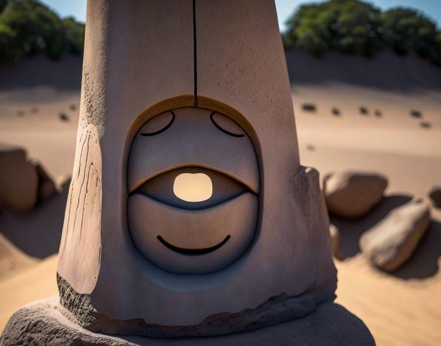 emoji, etched onto a stone pillar, depicts smiley