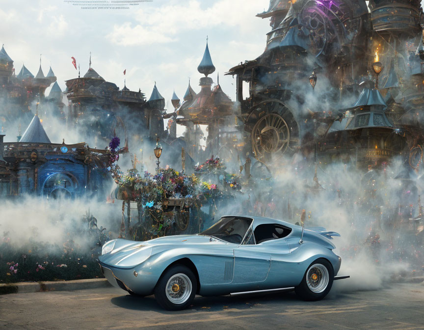 Blue Sports Car Parked in Front of Enchanting Castle with Fog and Orbs