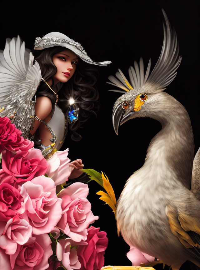 Fantasy illustration of woman in ornate armor with large bird and pink roses