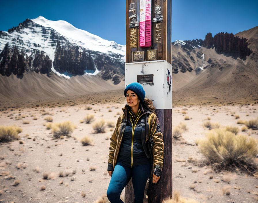 Posing next to a vandalized altitude marker
