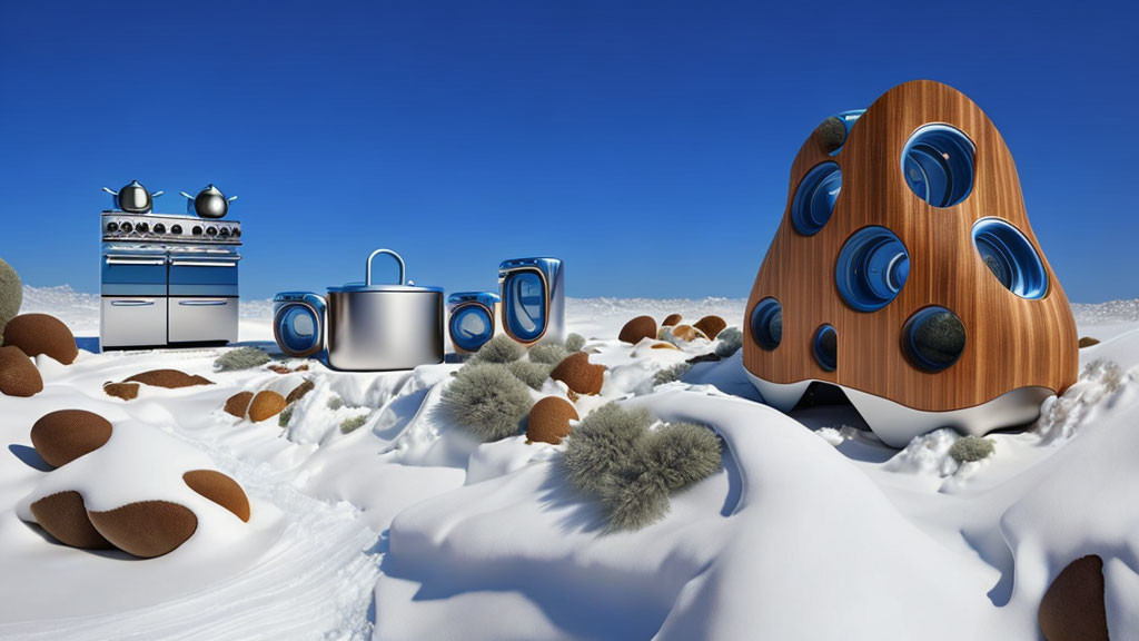 Surreal kitchen appliances and wooden speaker in snowy landscape