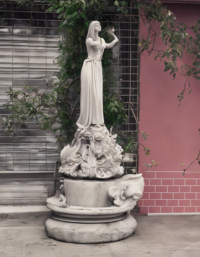 Graceful woman statue with flowing hair and raised arm against vine-covered building