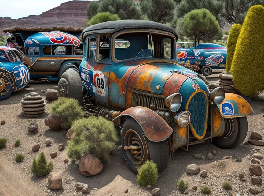 Rusty Vintage Car with Racing Decals in Desert Scene