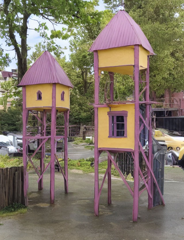 Colorful Playhouses with Purple Roofs on Stilts Amidst Trees and Cars
