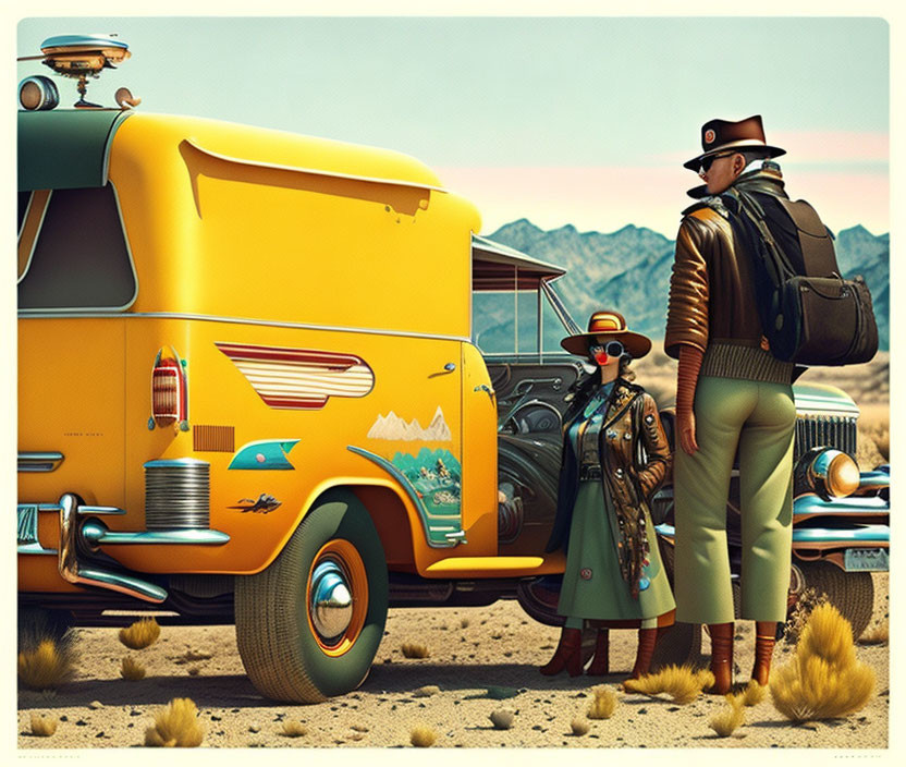 Illustration of two people in retro outfits by yellow van in desert with mountains