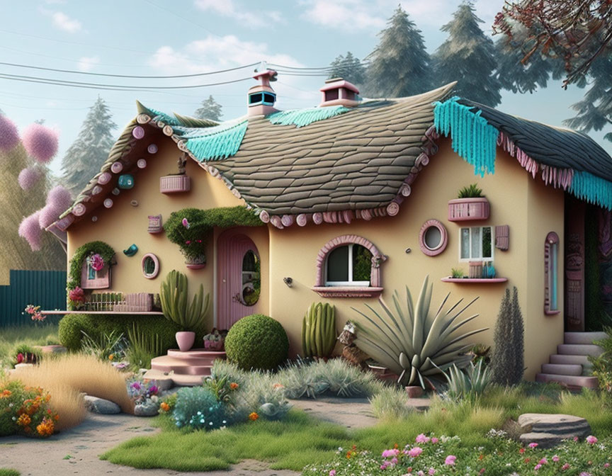 Cartoon-Style Cottage with Turquoise Roof in Lush Garden