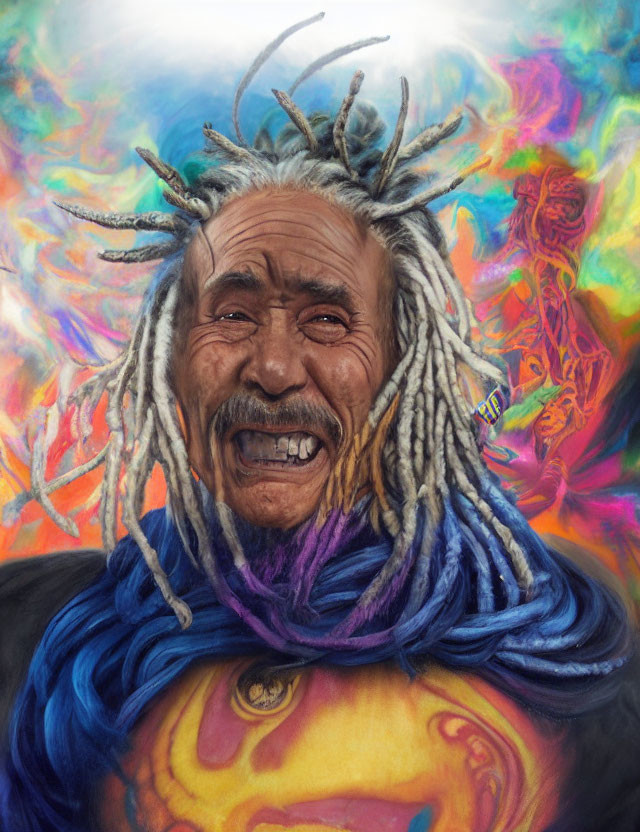Elderly man with multicolored dreadlocks in vibrant abstract setting