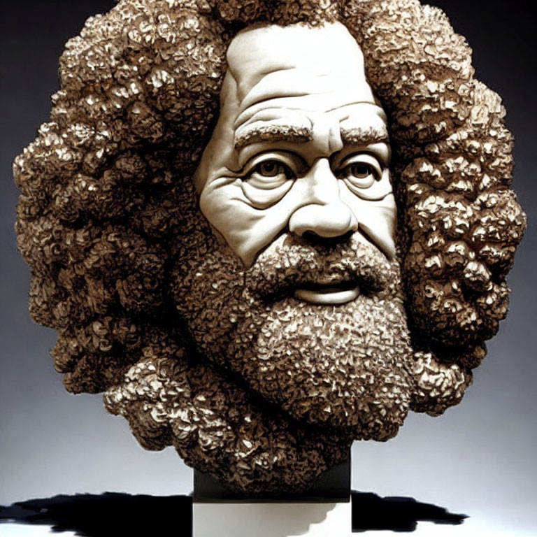 Detailed sculpture of bearded male figure with curly hair