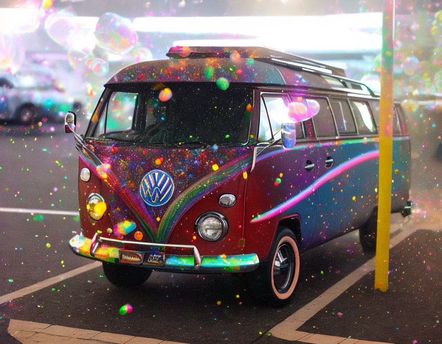 Colorful Vintage Volkswagen Bus with Psychedelic Patterns and Iridescent Bubbles