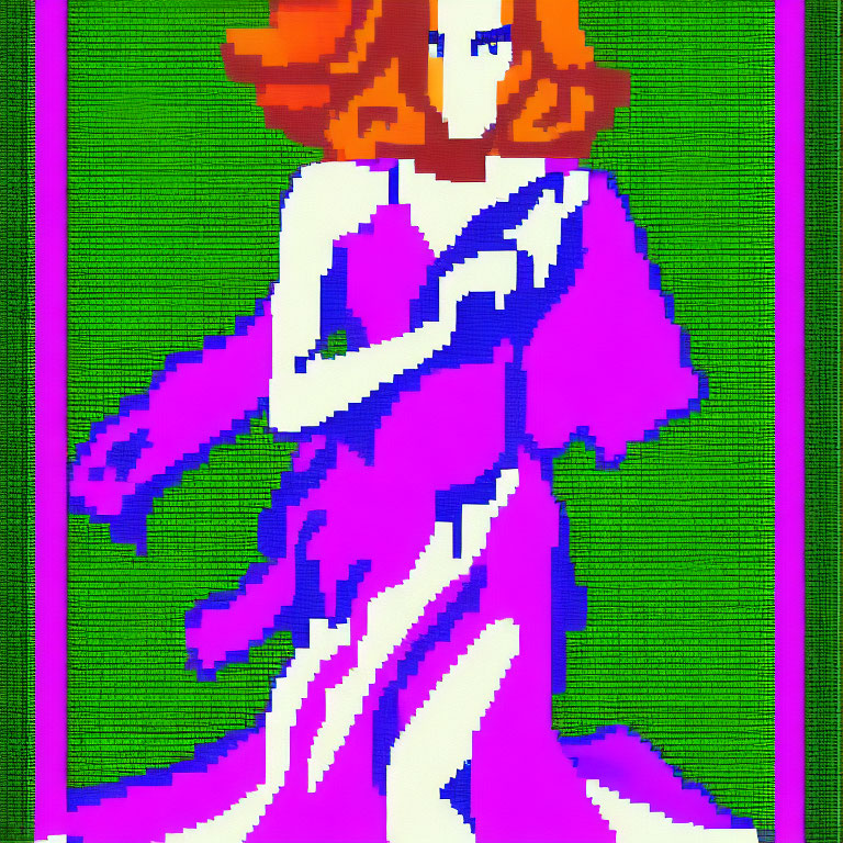 Pixelated image of person with orange hair in purple dress on green background with grey bars