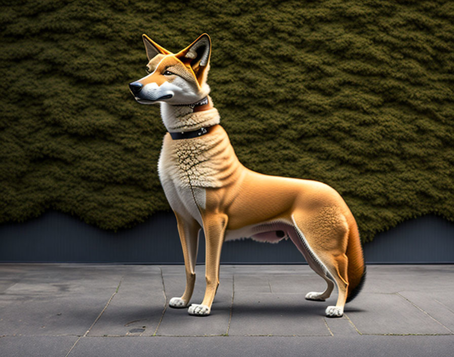 Shiba Inu dog standing on pavement with collar, hedge background