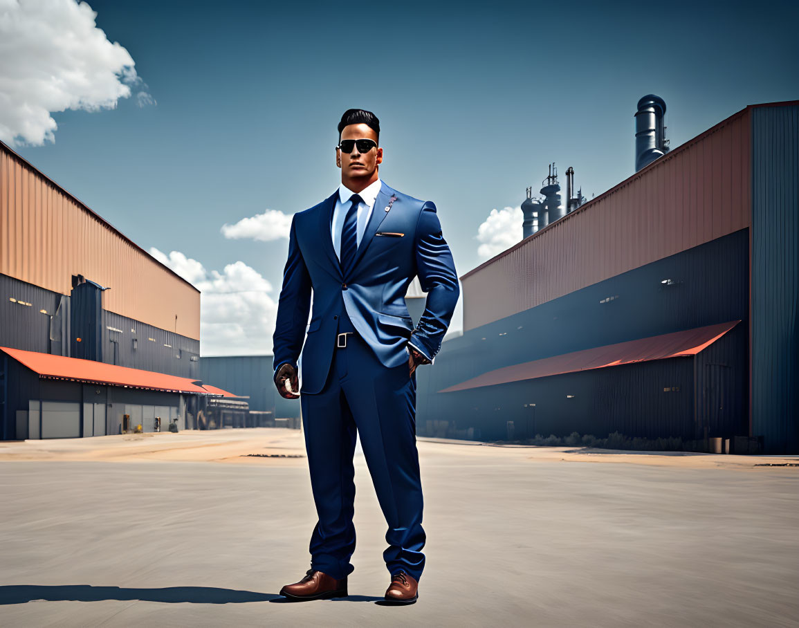 Orc in modern business suit in front of a factory