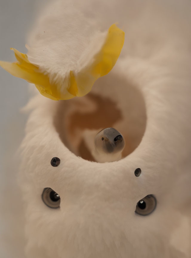 Fluffy white dog with yellow petal peeking through hole among stuffed animal eyes