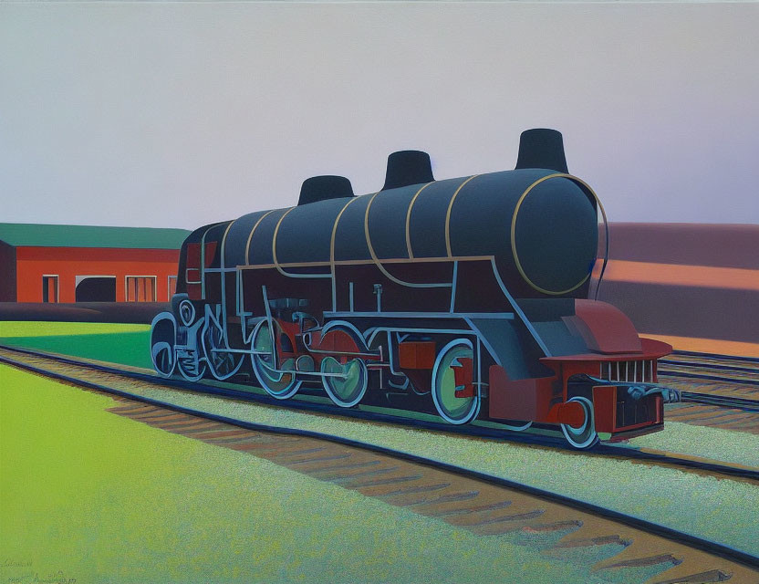 Stylized black steam locomotive painting on tracks with green and orange scenery