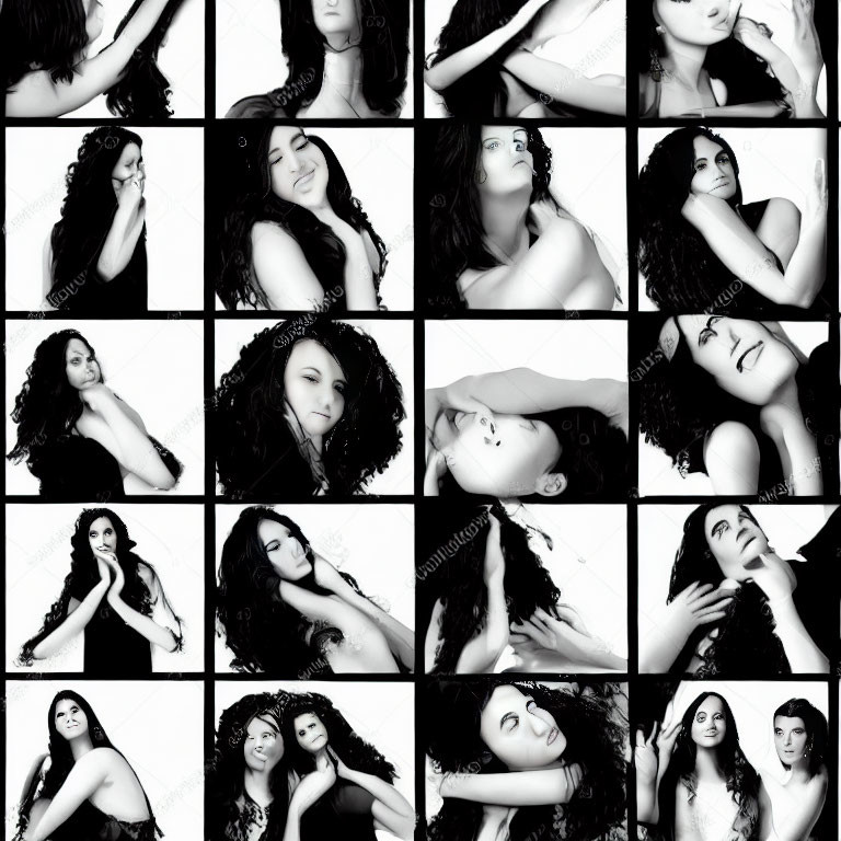 Black and White Portrait Collage of Woman in Various Poses and Expressions