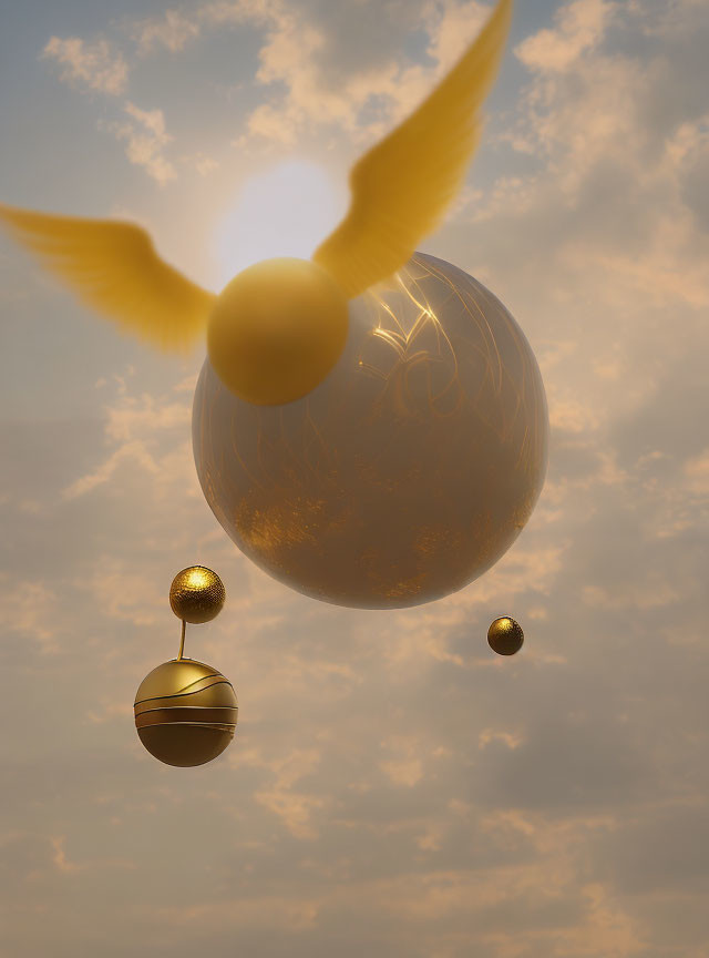 Golden sphere with patterns floating in cloudy sky with smaller orbs and bird silhouette.