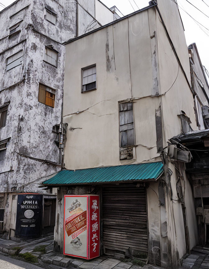 Weathered building with peeling walls and green awning next to signboard on narrow street depicts urban