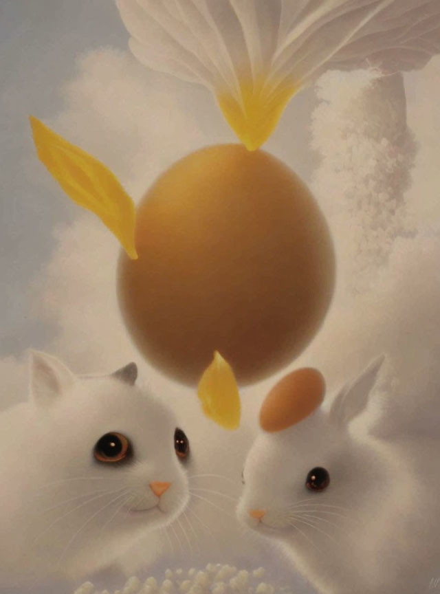Fluffy white cats with bunny-like features and a golden egg with wings