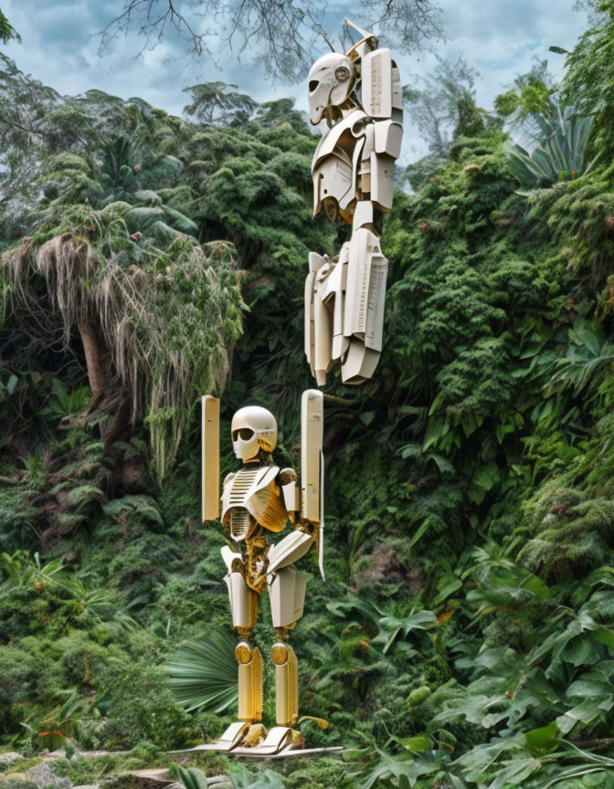 White and Gold Humanoid Robot Sculptures in Greenery