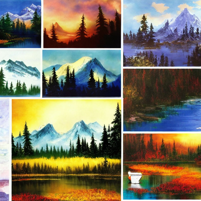 Vibrant Landscape Collage: Mountains, Trees, Reflecting Water, Sky Hues