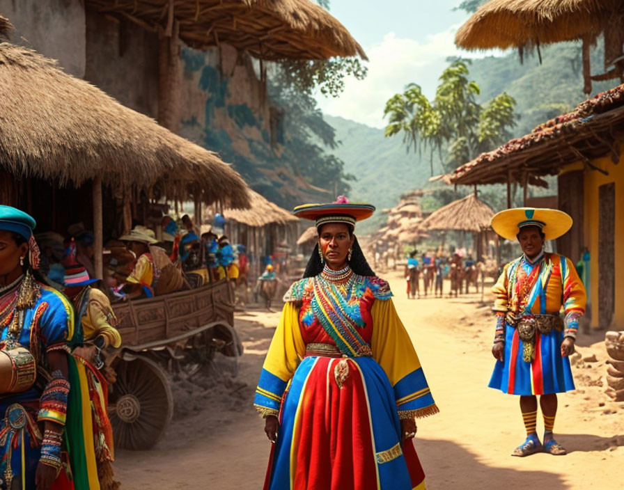 People in colorful traditional attire in village scene with thatched huts.