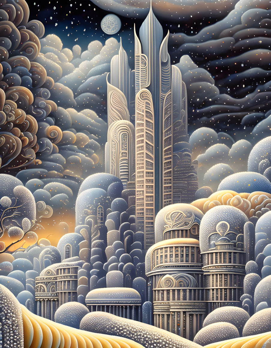 Fantastical cityscape with towering buildings in dreamlike Art Deco style