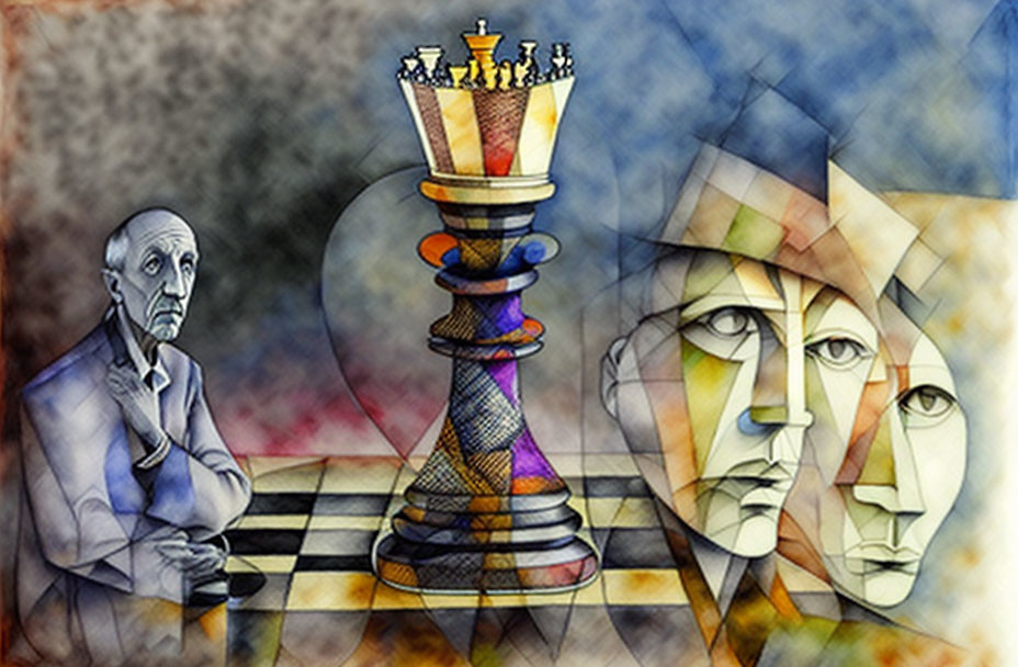Colorful surreal artwork: pensive man, chess king, abstract faces in geometric shapes