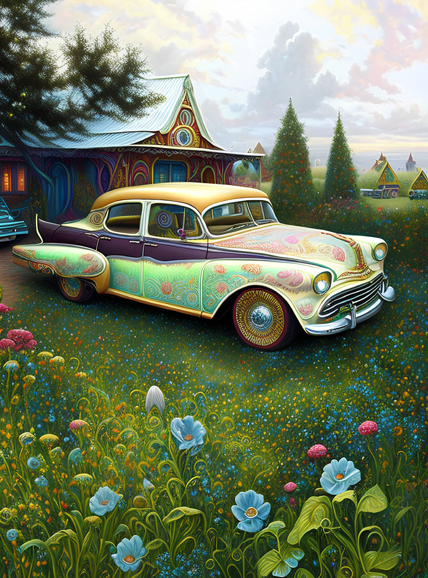 Colorful vintage car parked in front of whimsical cottage in lush garden