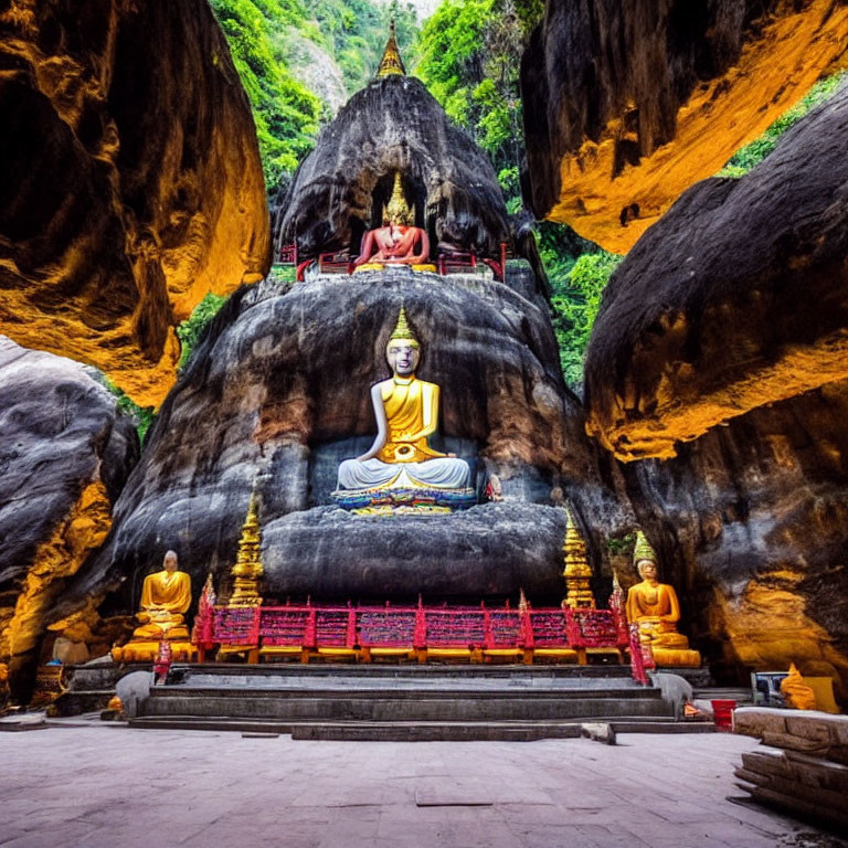 Golden Buddha statues in serene cave temple with staircase