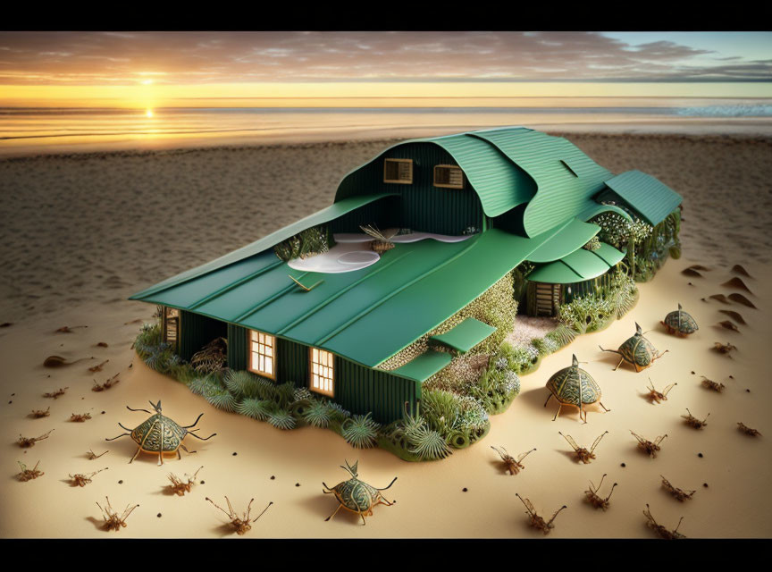 Unique Green House with Turtle Shell Roof in Sandy Landscape
