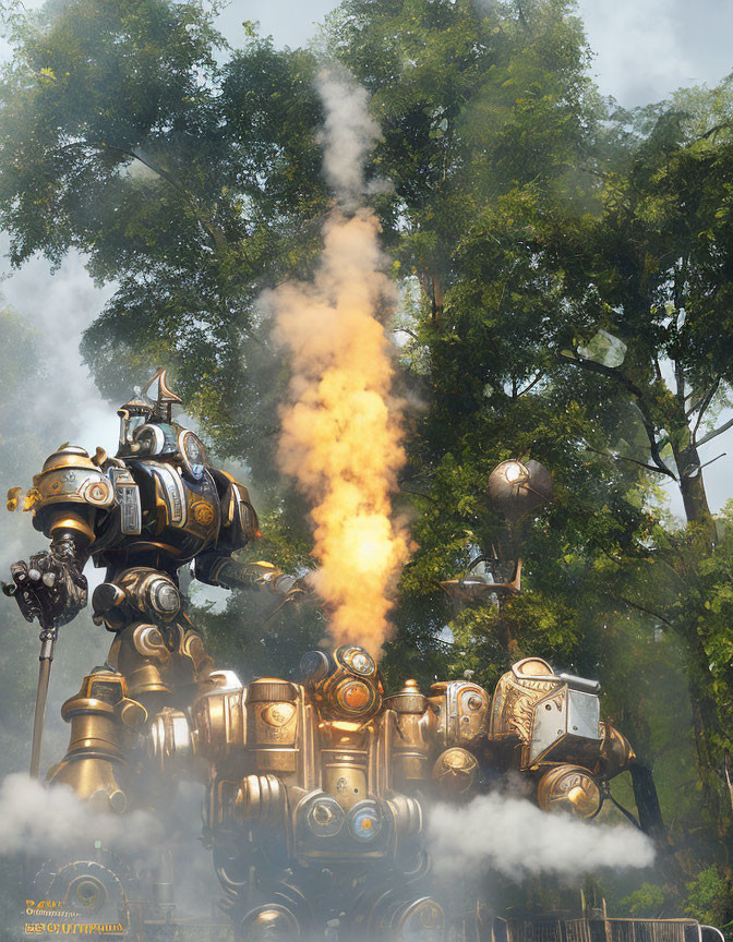 Steampunk-style robot with gears in misty forest