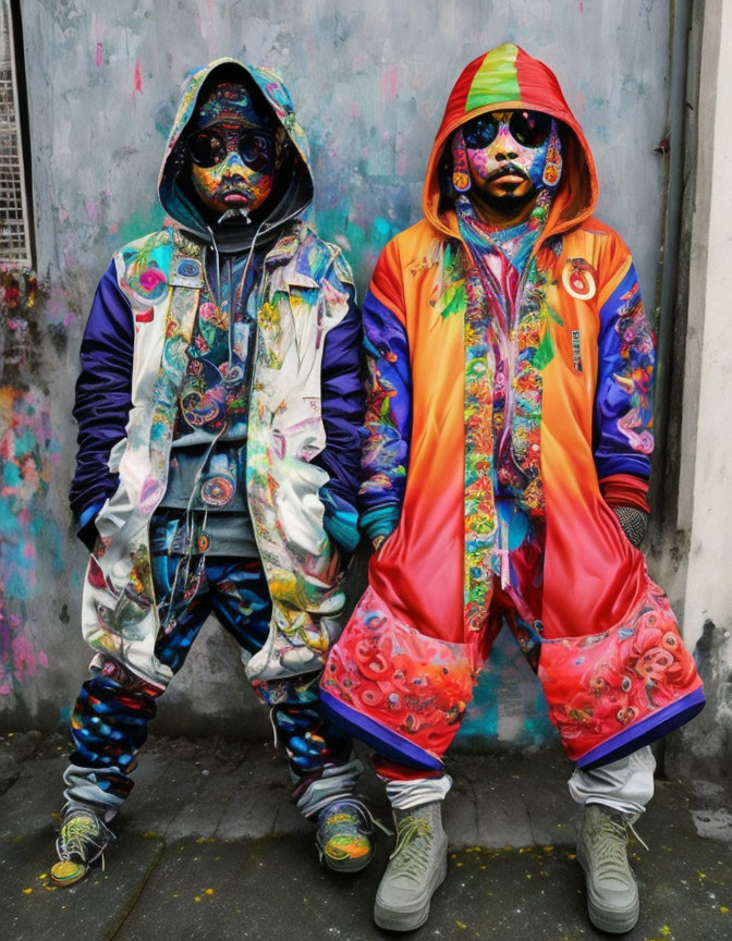 Two people in colorful streetwear and sunglasses against graffiti wall.