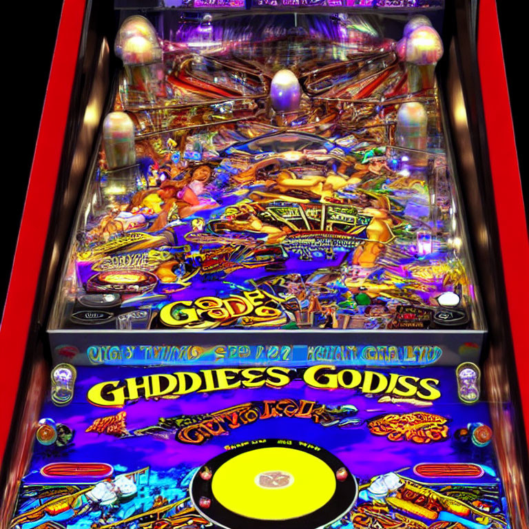 Colorful Pinball Machine with Mythical Goddess Theme and Neon Lights